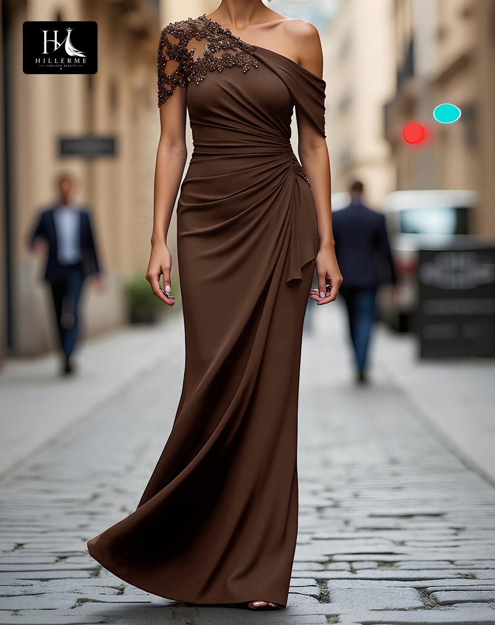 Floor-Length Mermaid Mother of the Bride Dress with Asymmetrical Neckline and Beaded Satin Pleats