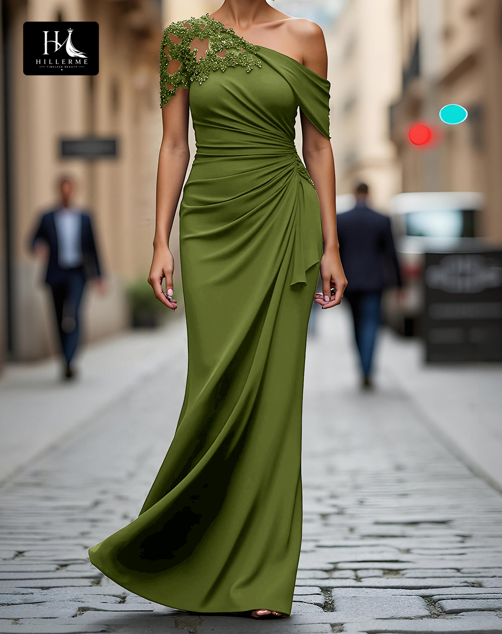 Floor-Length Mermaid Mother of the Bride Dress with Asymmetrical Neckline and Beaded Satin Pleats