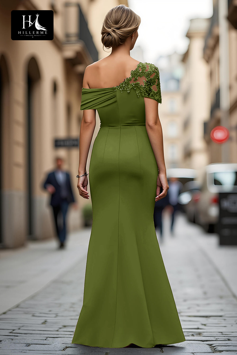 Floor-Length Mermaid Mother of the Bride Dress with Asymmetrical Neckline and Beaded Satin Pleats