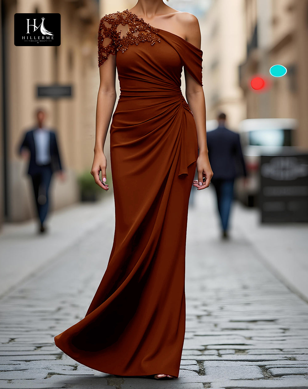 Floor-Length Mermaid Mother of the Bride Dress with Asymmetrical Neckline and Beaded Satin Pleats