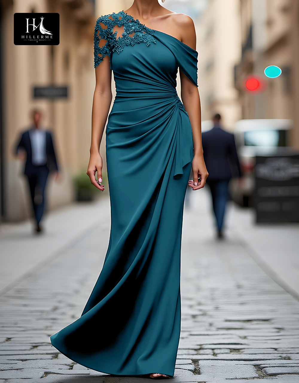 Floor-Length Mermaid Mother of the Bride Dress with Asymmetrical Neckline and Beaded Satin Pleats
