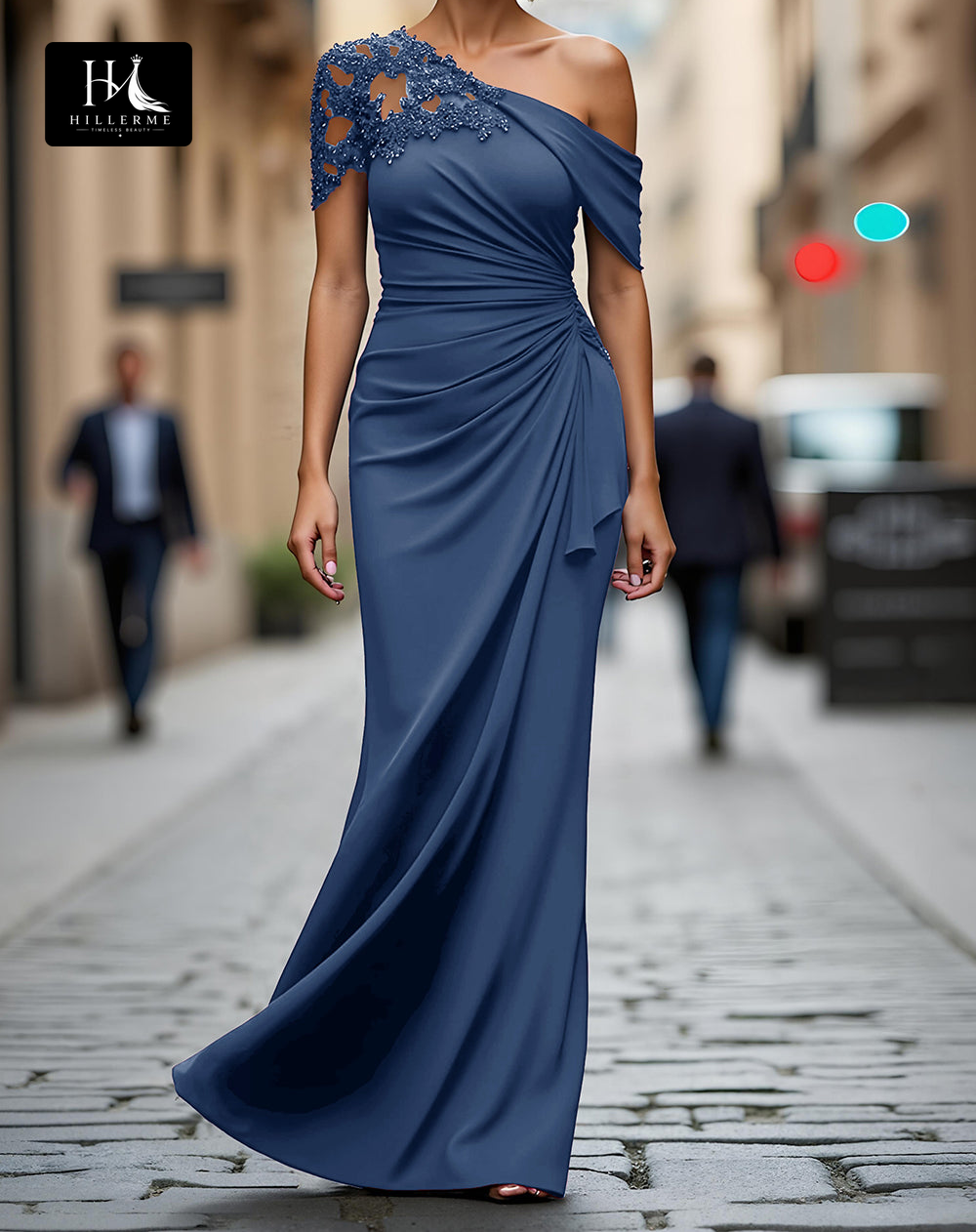 Floor-Length Mermaid Mother of the Bride Dress with Asymmetrical Neckline and Beaded Satin Pleats