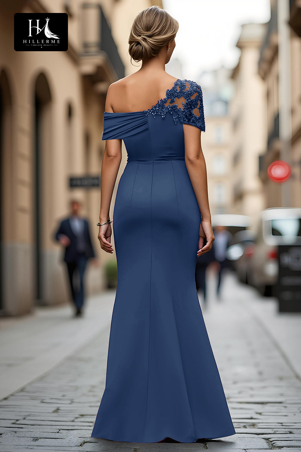 Floor-Length Mermaid Mother of the Bride Dress with Asymmetrical Neckline and Beaded Satin Pleats