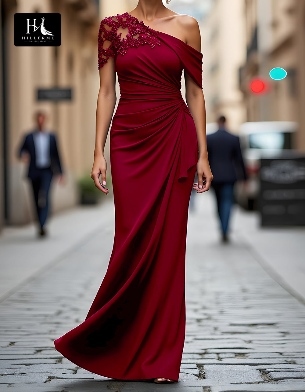 Floor-Length Mermaid Mother of the Bride Dress with Asymmetrical Neckline and Beaded Satin Pleats