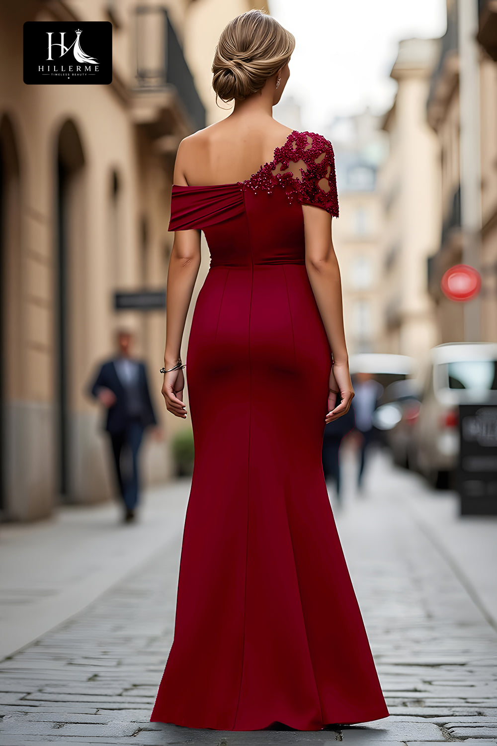 Floor-Length Mermaid Mother of the Bride Dress with Asymmetrical Neckline and Beaded Satin Pleats