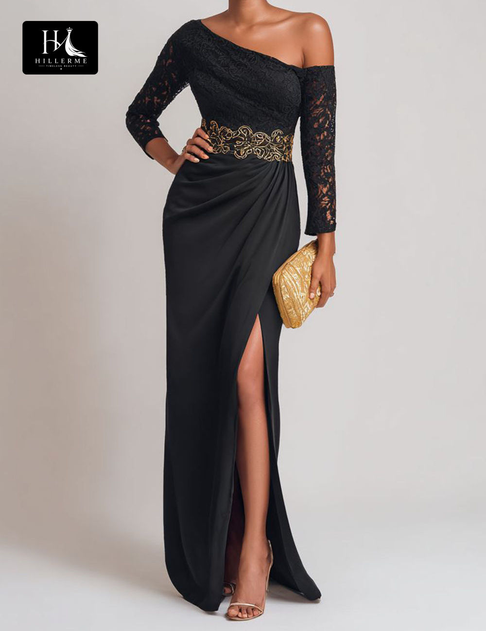 Mermaid Mother of the Bride Dress with Asymmetrical Neckline, Lace Appliqués, and Long Sleeves