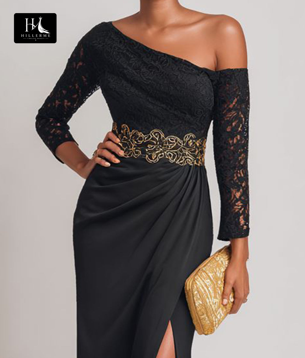 Mermaid Mother of the Bride Dress with Asymmetrical Neckline, Lace Appliqués, and Long Sleeves