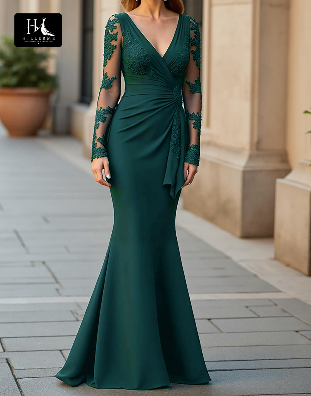 Mermaid Mother of the Bride Dress with Deep V-Neck, Long Sleeves, and Appliqué Details