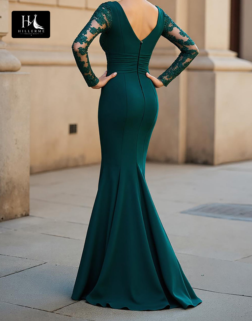 Mermaid Mother of the Bride Dress with Deep V-Neck, Long Sleeves, and Appliqué Details