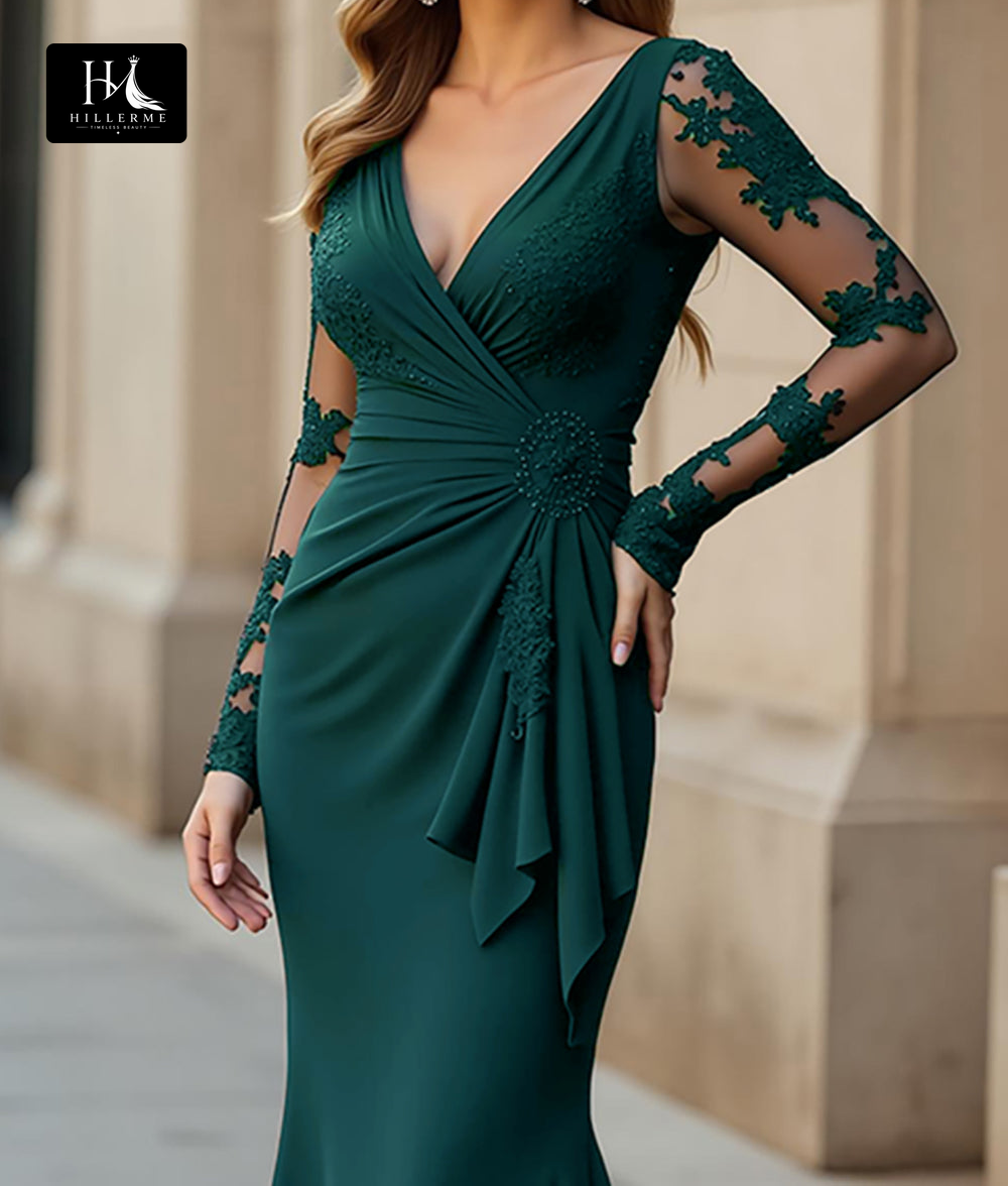 Mermaid Mother of the Bride Dress with Deep V-Neck, Long Sleeves, and Appliqué Details