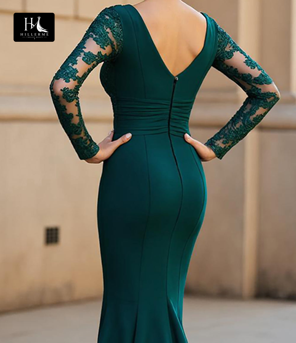 Mermaid Mother of the Bride Dress with Deep V-Neck, Long Sleeves, and Appliqué Details