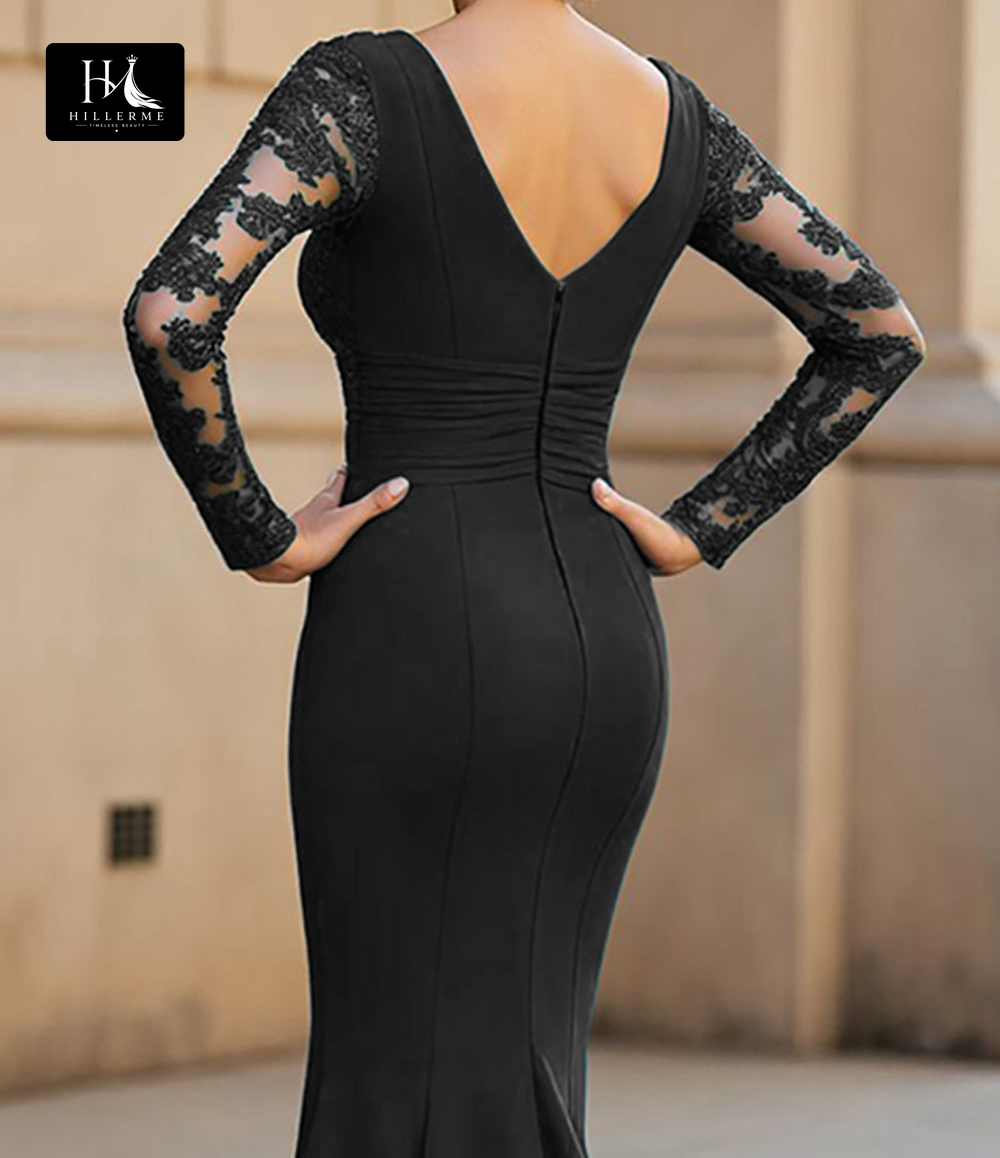 Mermaid Mother of the Bride Dress with Deep V-Neck, Long Sleeves, and Appliqué Details