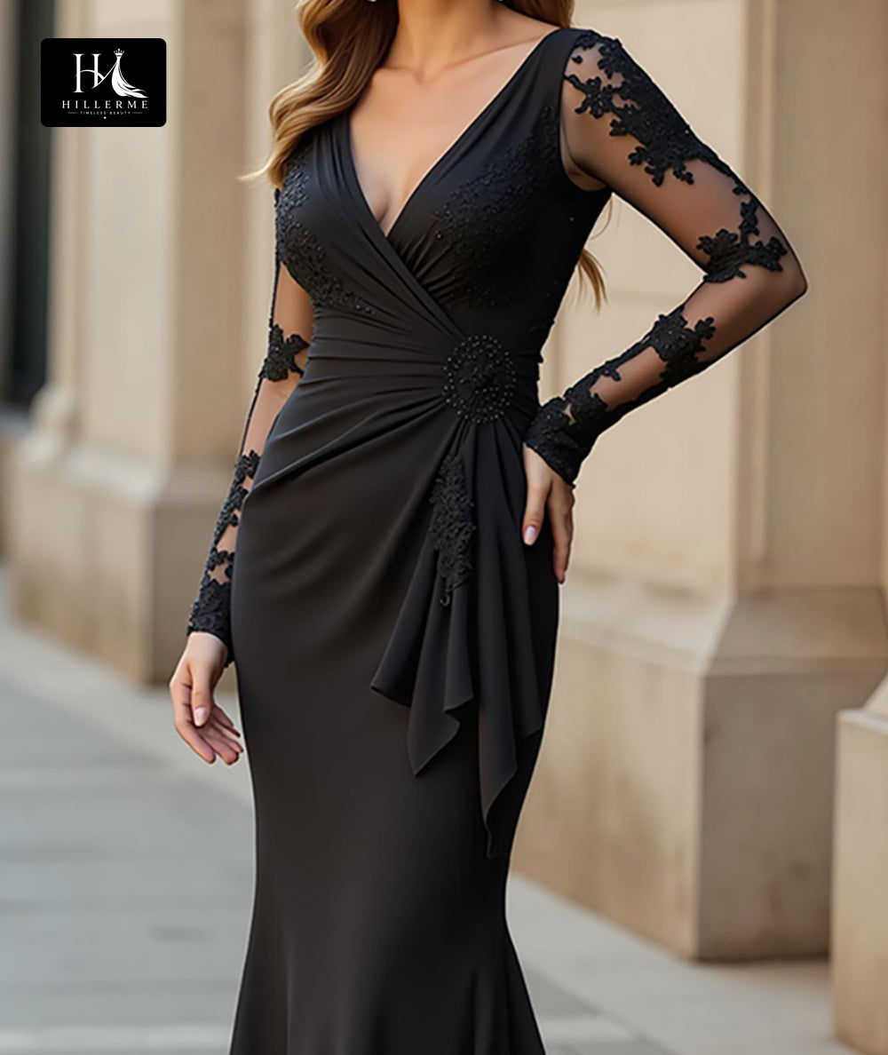 Mermaid Mother of the Bride Dress with Deep V-Neck, Long Sleeves, and Appliqué Details