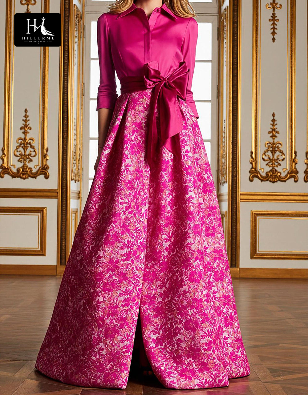 Strapless Half-Sleeve Floor-Length Print Satin A-Line Mother of the Bride Dress with Side Slit