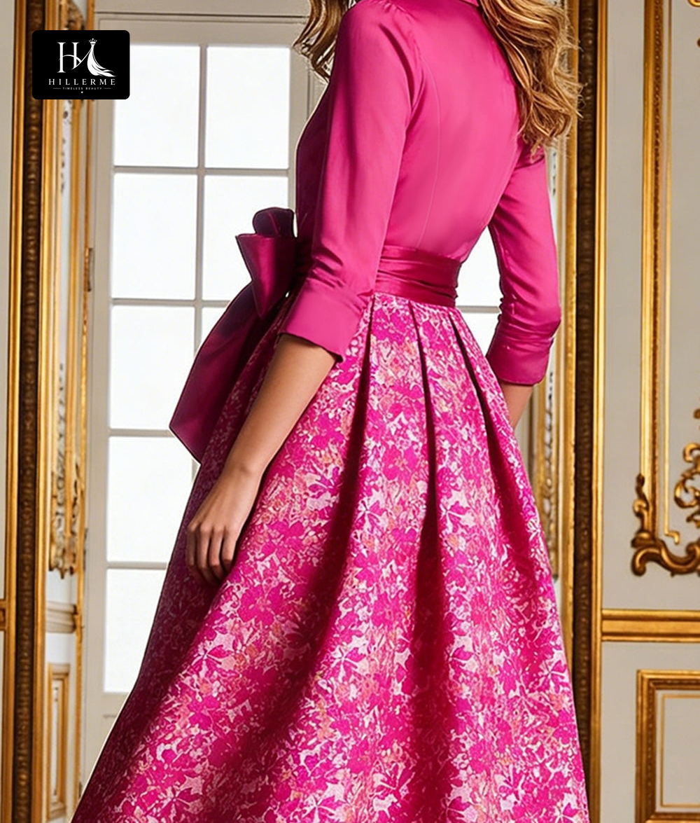 Strapless Half-Sleeve Floor-Length Print Satin A-Line Mother of the Bride Dress with Side Slit