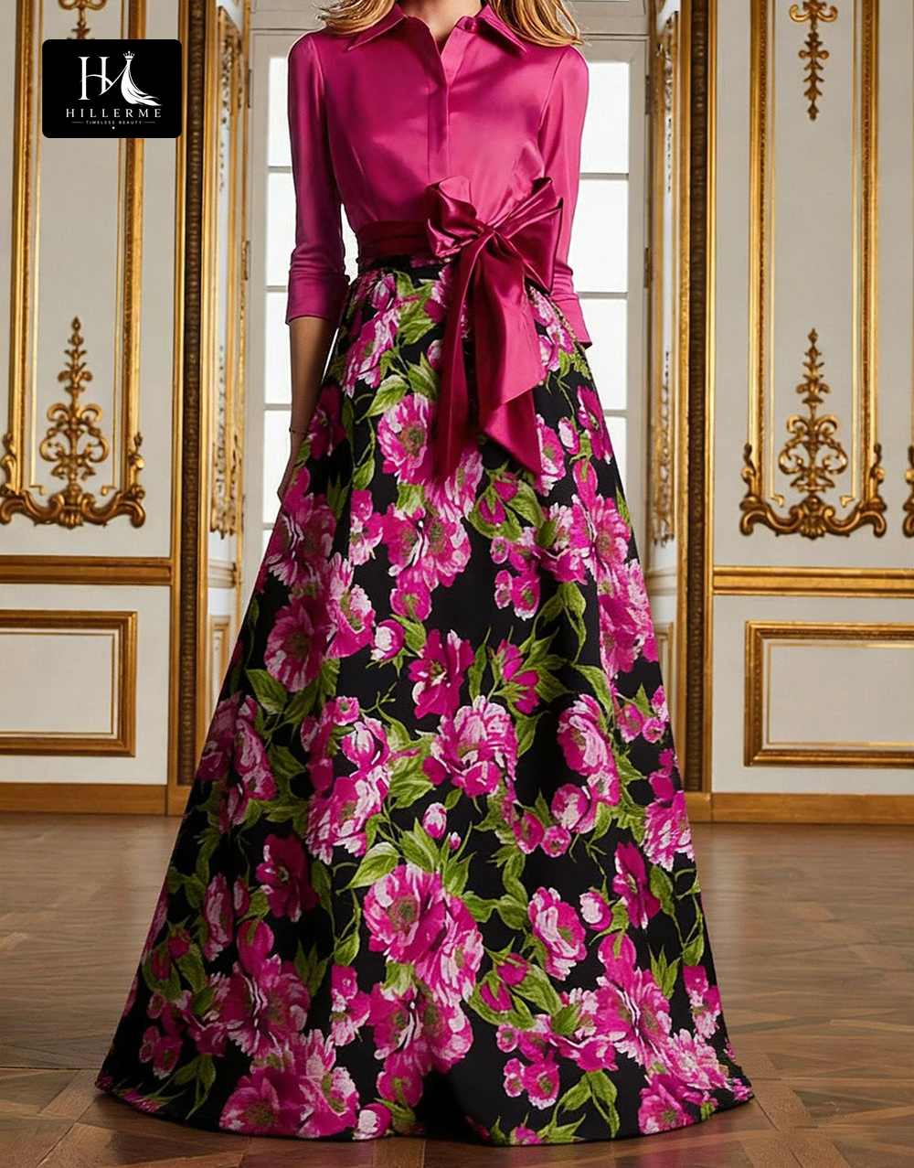Print Satin A-Line Floor-Length Mother of the Bride Dress with Collared Half Sleeves