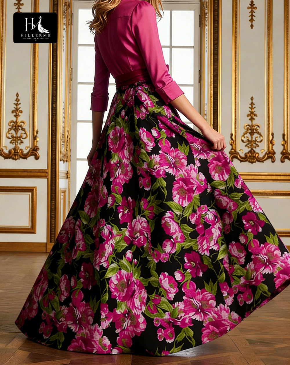 Print Satin A-Line Floor-Length Mother of the Bride Dress with Collared Half Sleeves