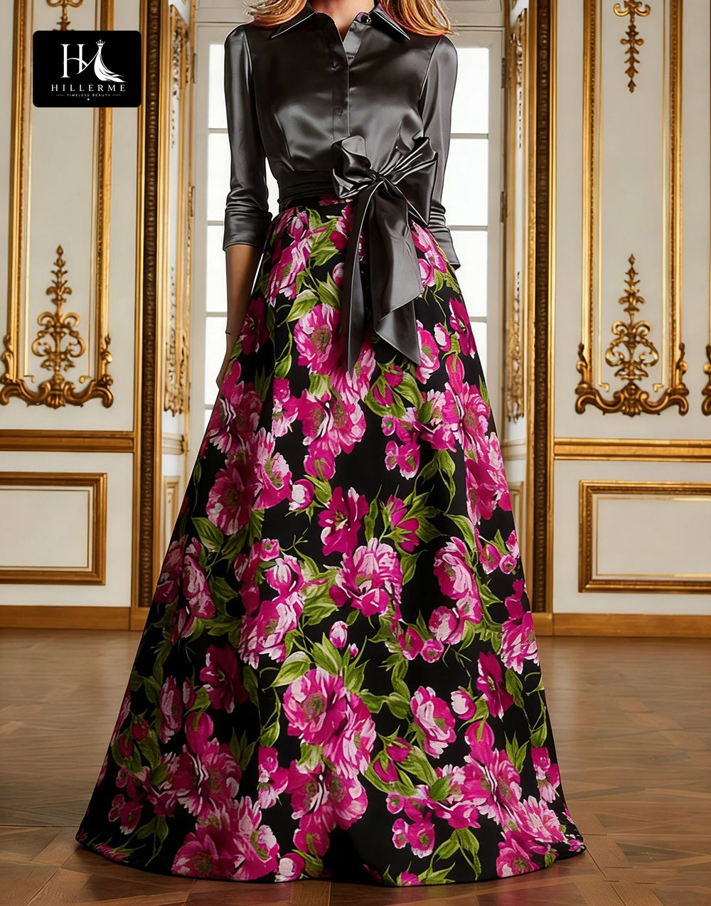 Print Satin A-Line Floor-Length Mother of the Bride Dress with Collared Half Sleeves