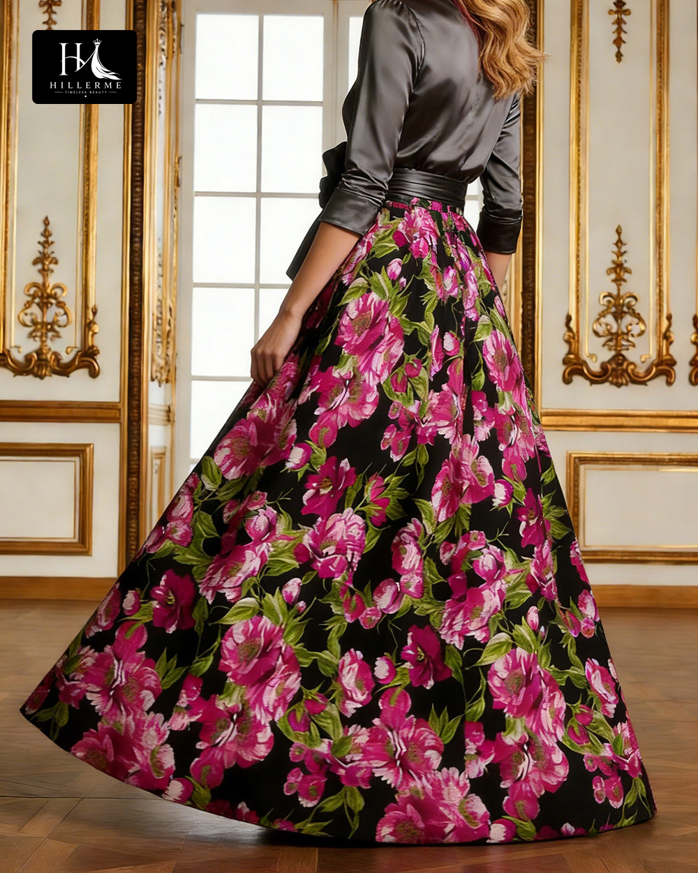 Print Satin A-Line Floor-Length Mother of the Bride Dress with Collared Half Sleeves