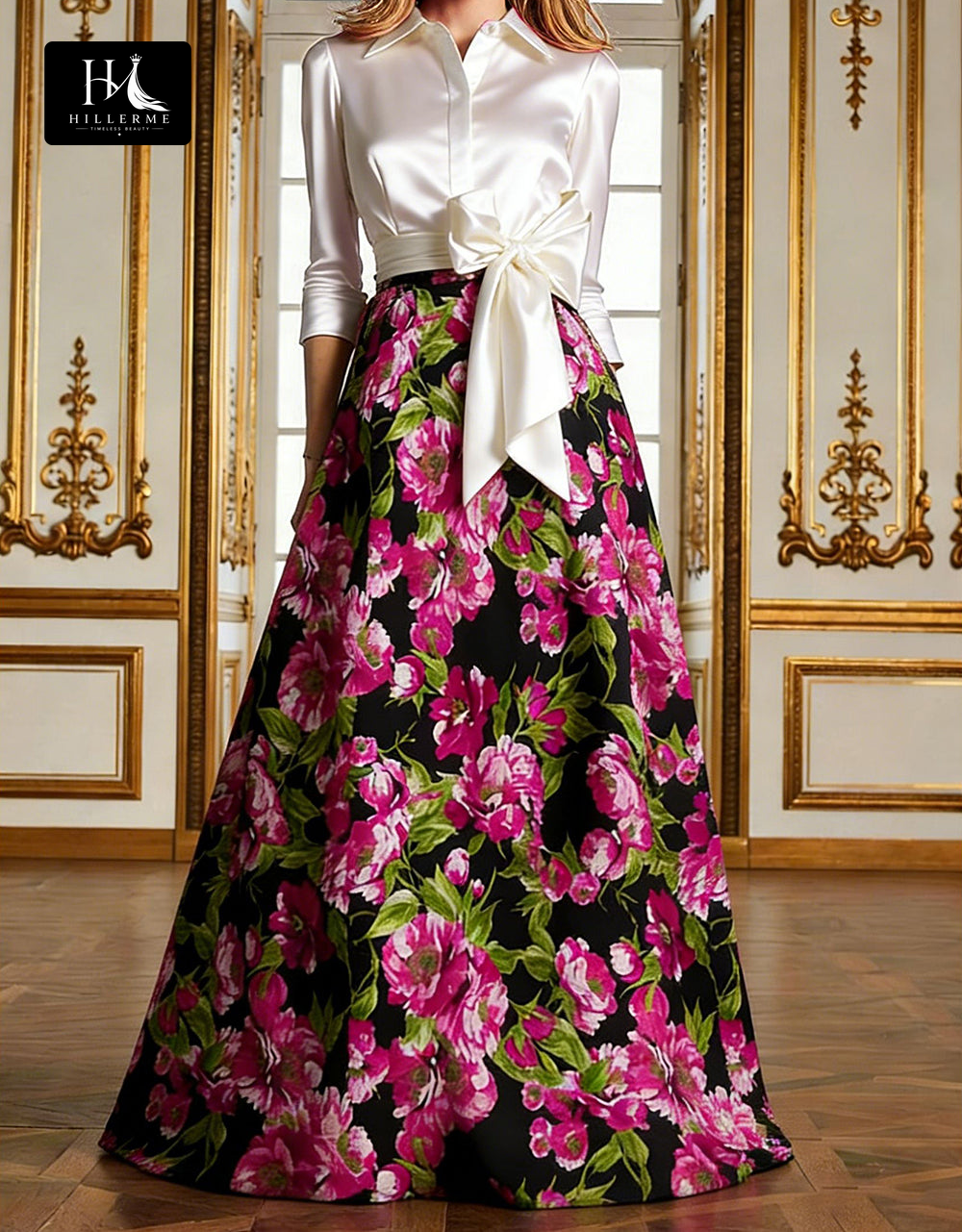 Print Satin A-Line Floor-Length Mother of the Bride Dress with Collared Half Sleeves
