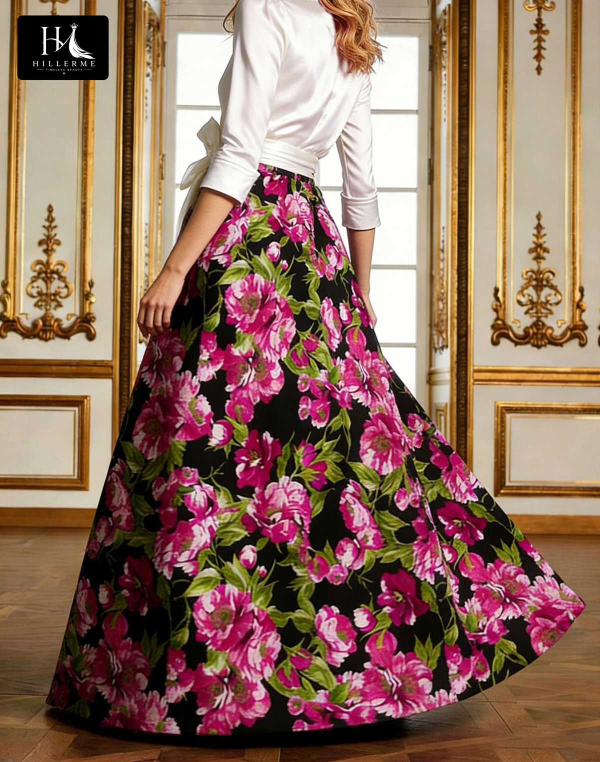 Print Satin A-Line Floor-Length Mother of the Bride Dress with Collared Half Sleeves
