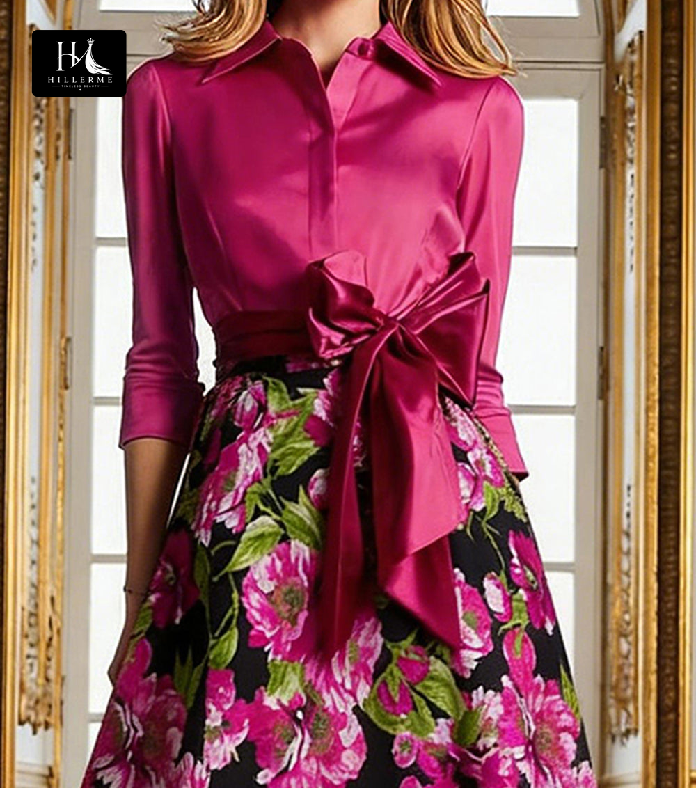 Print Satin A-Line Floor-Length Mother of the Bride Dress with Collared Half Sleeves