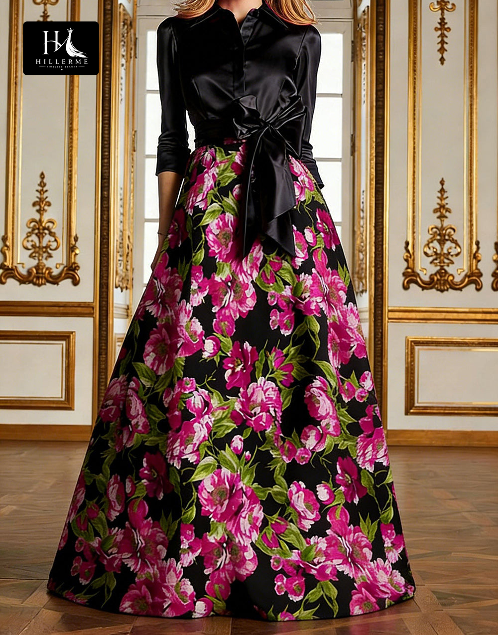 Print Satin A-Line Floor-Length Mother of the Bride Dress with Collared Half Sleeves