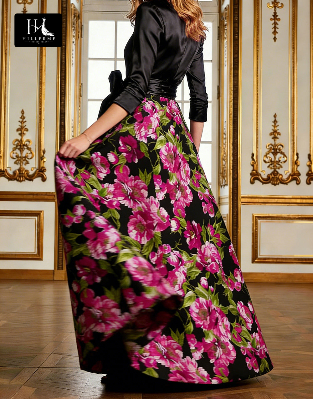 Print Satin A-Line Floor-Length Mother of the Bride Dress with Collared Half Sleeves