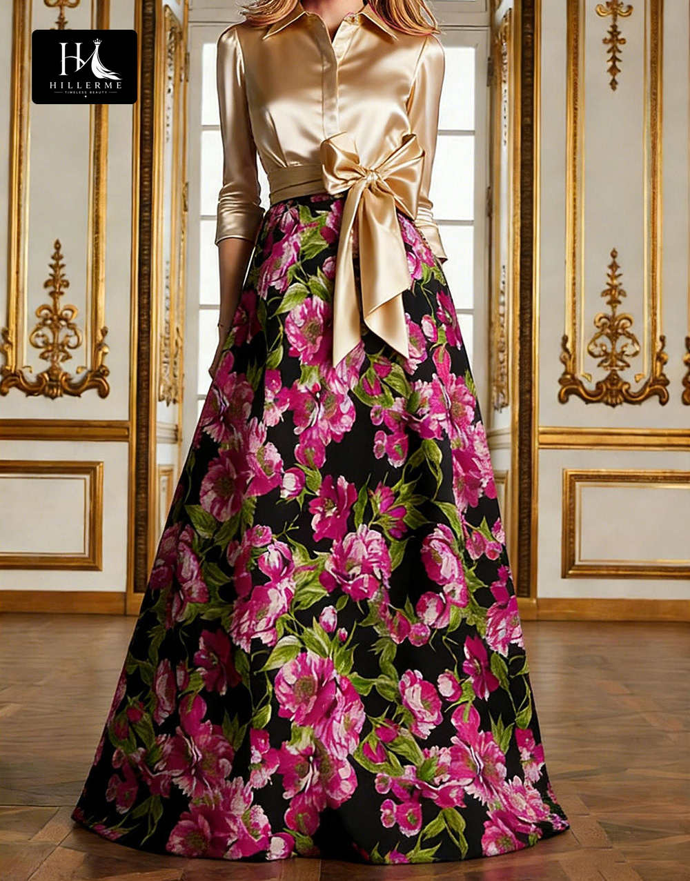 Print Satin A-Line Floor-Length Mother of the Bride Dress with Collared Half Sleeves