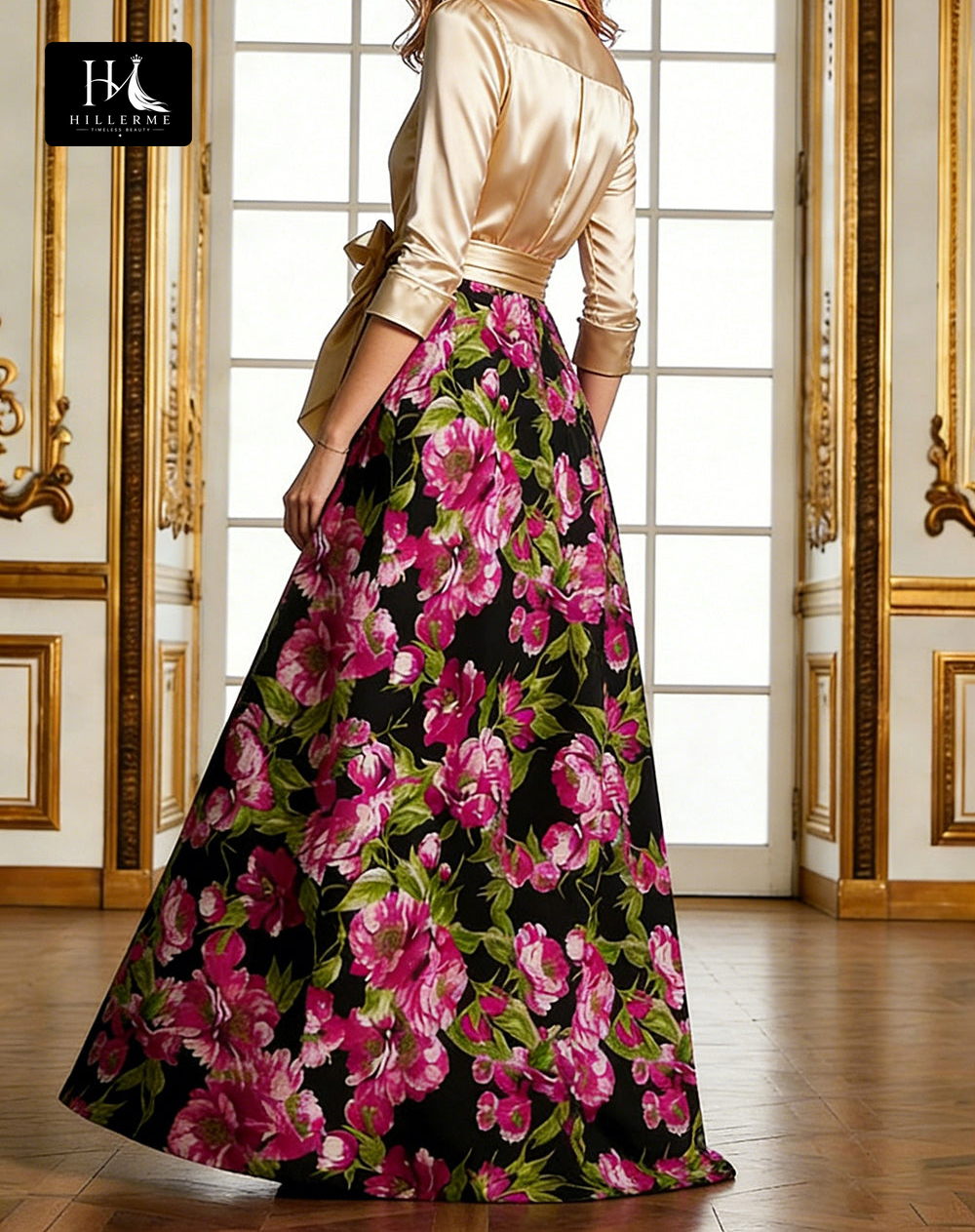 Print Satin A-Line Floor-Length Mother of the Bride Dress with Collared Half Sleeves