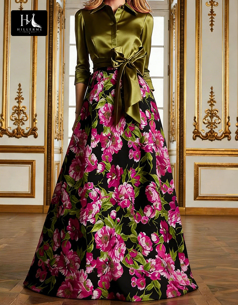 Print Satin A-Line Floor-Length Mother of the Bride Dress with Collared Half Sleeves