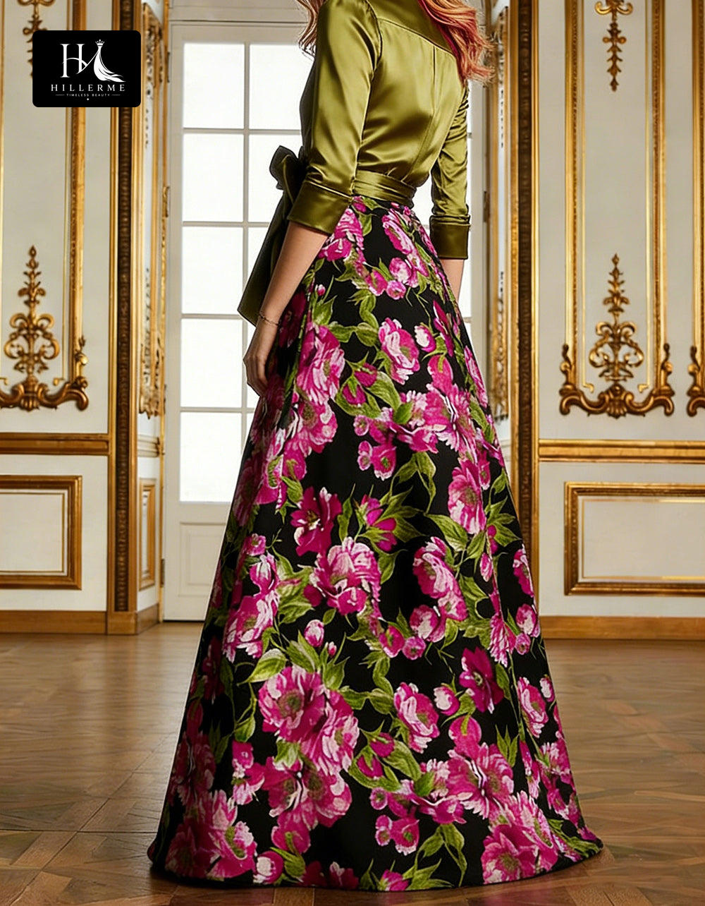 Print Satin A-Line Floor-Length Mother of the Bride Dress with Collared Half Sleeves