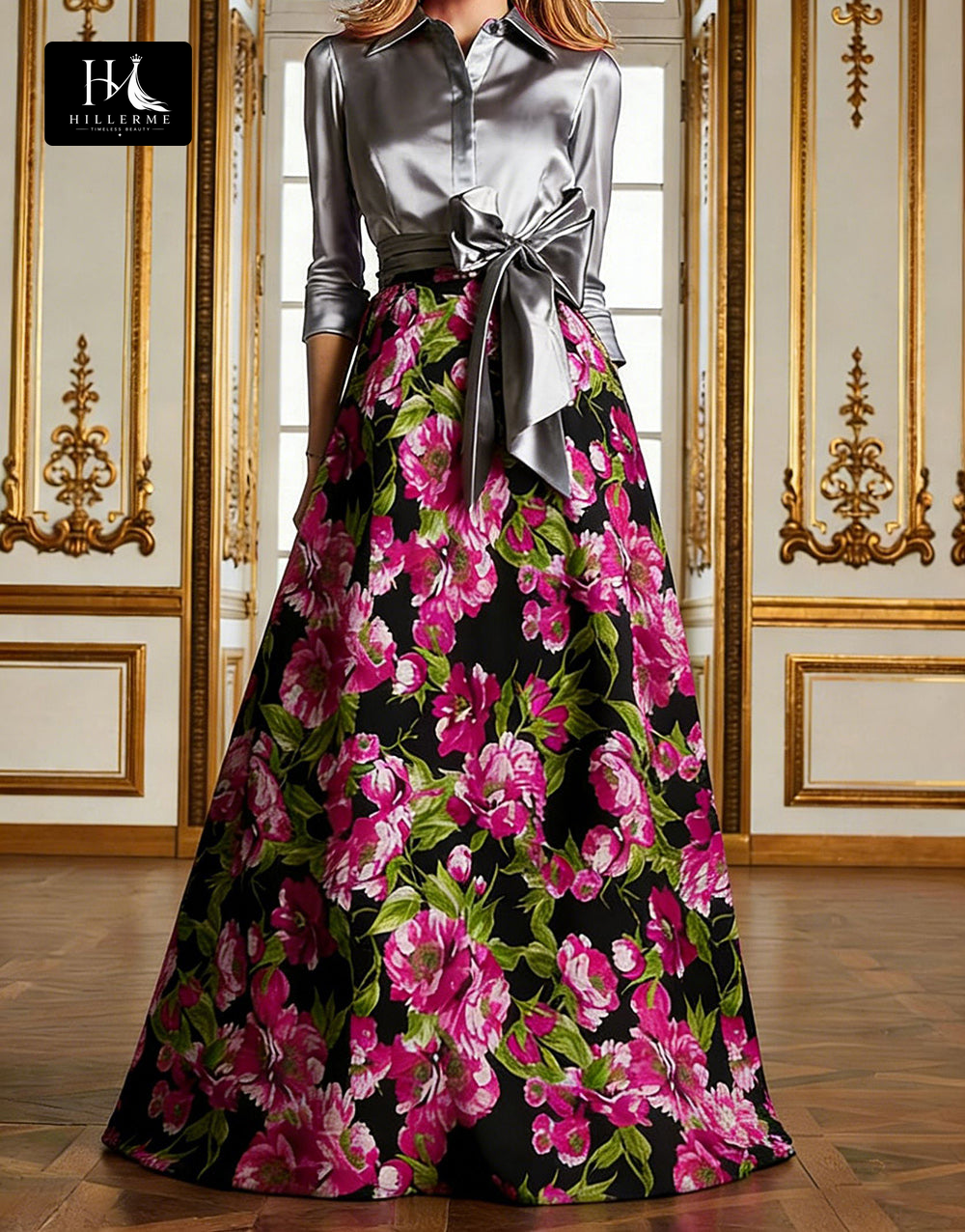 Print Satin A-Line Floor-Length Mother of the Bride Dress with Collared Half Sleeves