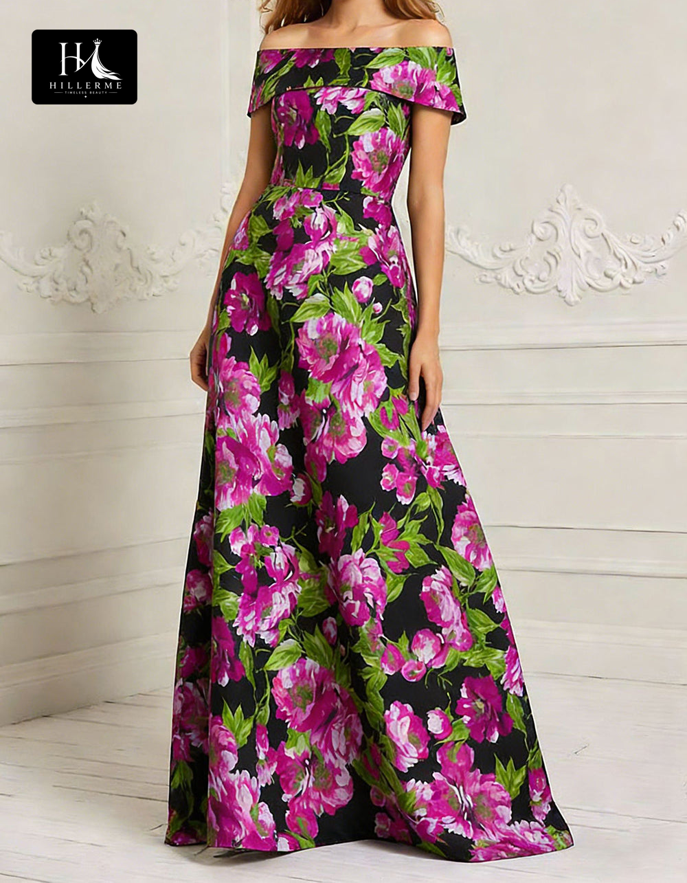 Sleeveless Bateau-Neck Floor-Length A-Line Print Satin Mother of the Bride Dress