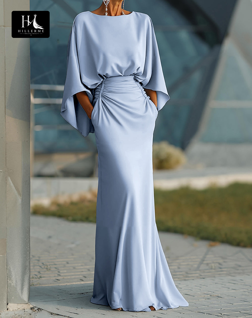 Satin Pleated Mermaid Mother of the Bride Dress with Scoop Neck and Half Sleeves