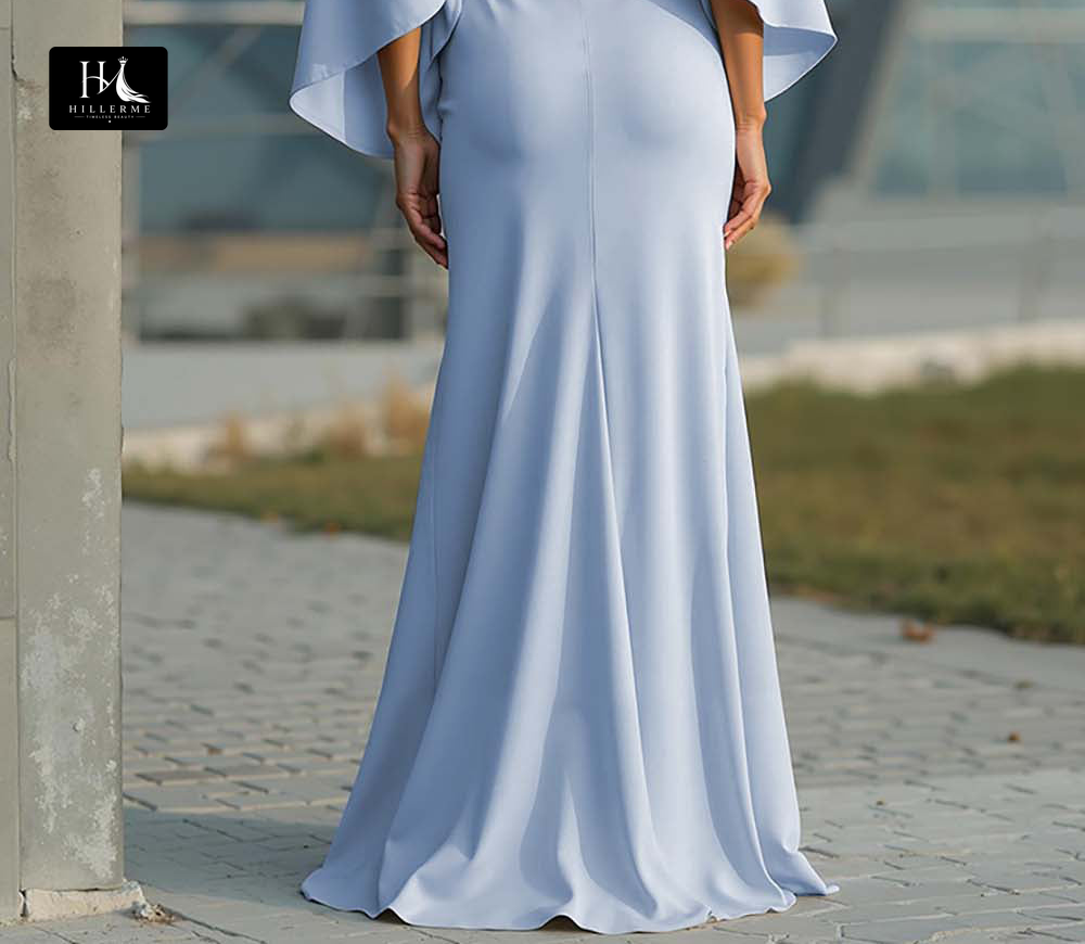 Satin Pleated Mermaid Mother of the Bride Dress with Scoop Neck and Half Sleeves