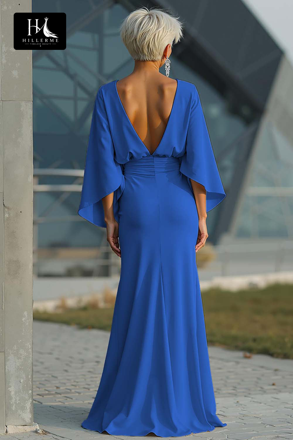Satin Pleated Mermaid Mother of the Bride Dress with Scoop Neck and Half Sleeves