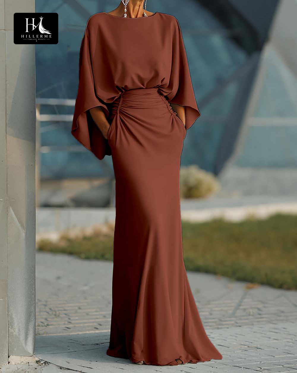 Satin Pleated Mermaid Mother of the Bride Dress with Scoop Neck and Half Sleeves