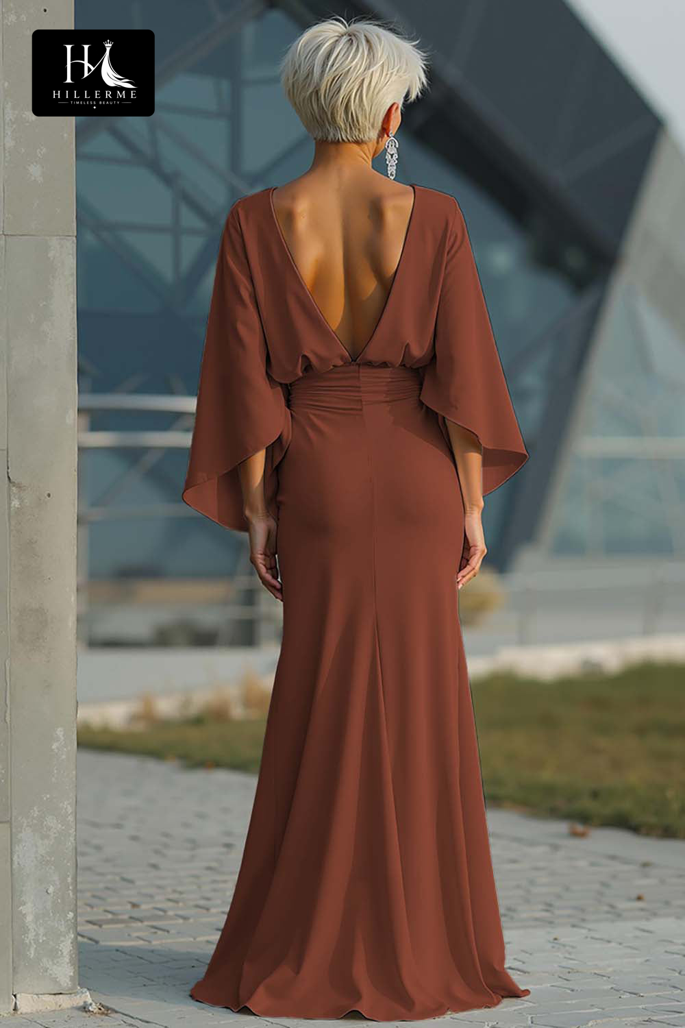 Satin Pleated Mermaid Mother of the Bride Dress with Scoop Neck and Half Sleeves