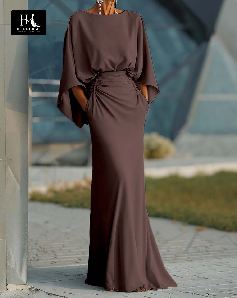 Satin Pleated Mermaid Mother of the Bride Dress with Scoop Neck and Half Sleeves