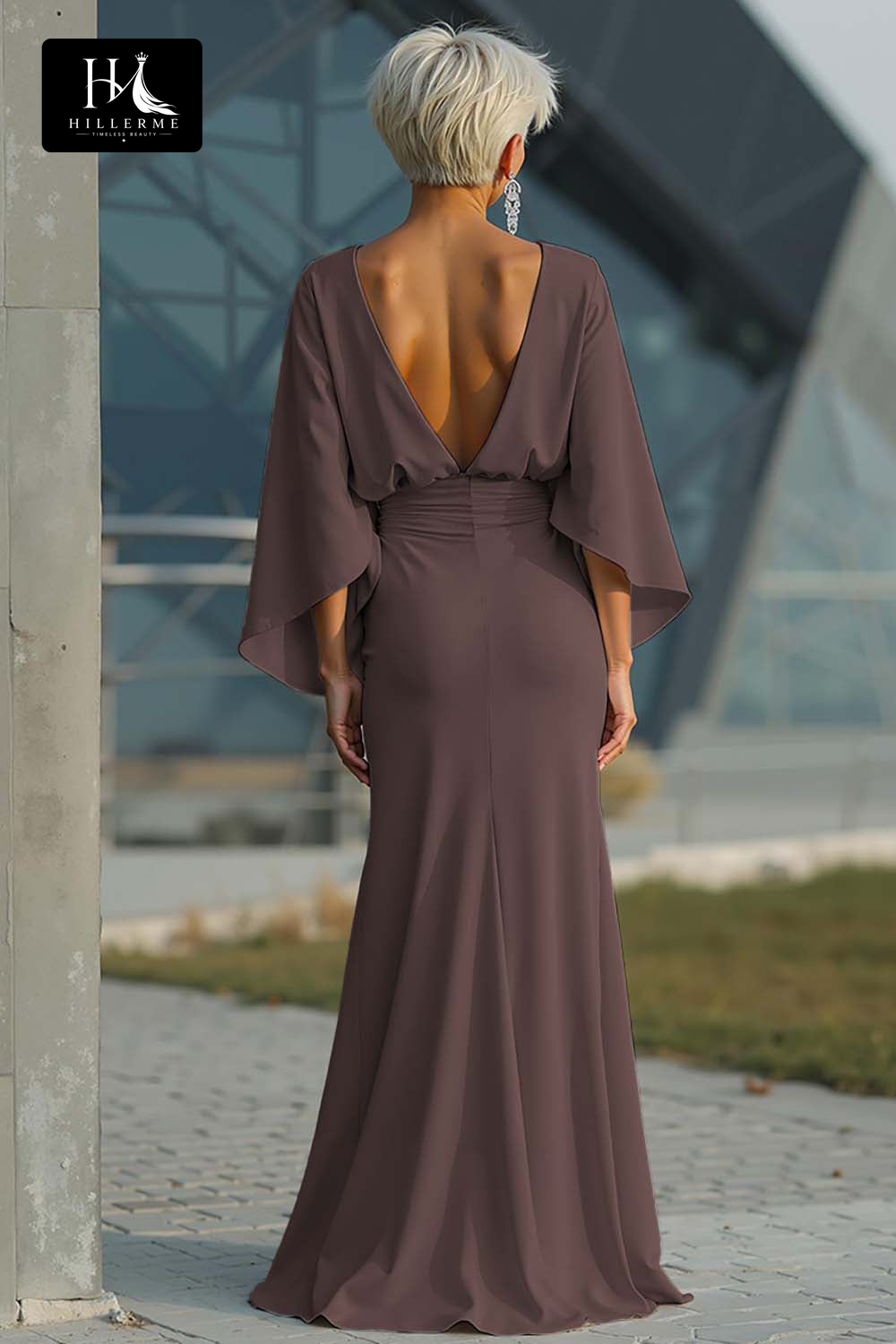 Satin Pleated Mermaid Mother of the Bride Dress with Scoop Neck and Half Sleeves