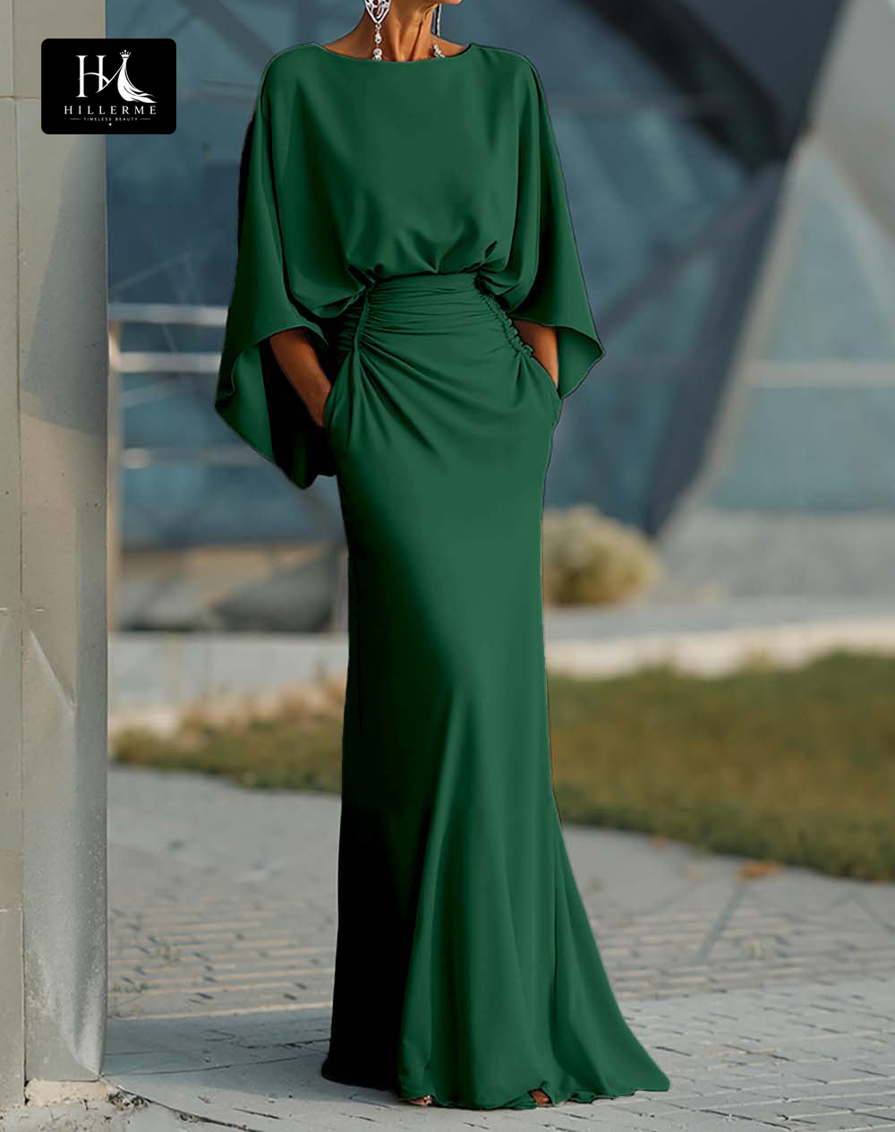 Satin Pleated Mermaid Mother of the Bride Dress with Scoop Neck and Half Sleeves
