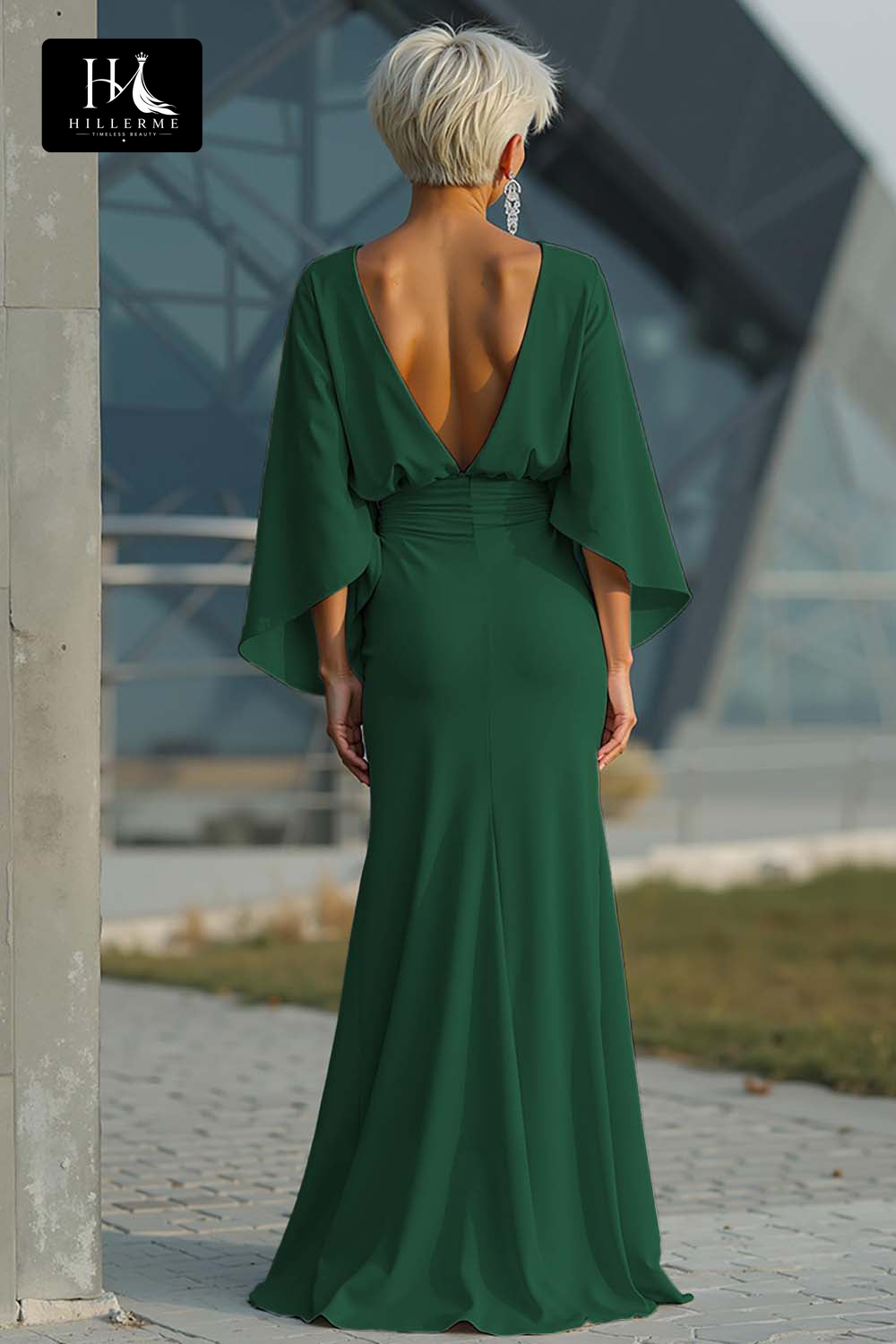 Satin Pleated Mermaid Mother of the Bride Dress with Scoop Neck and Half Sleeves