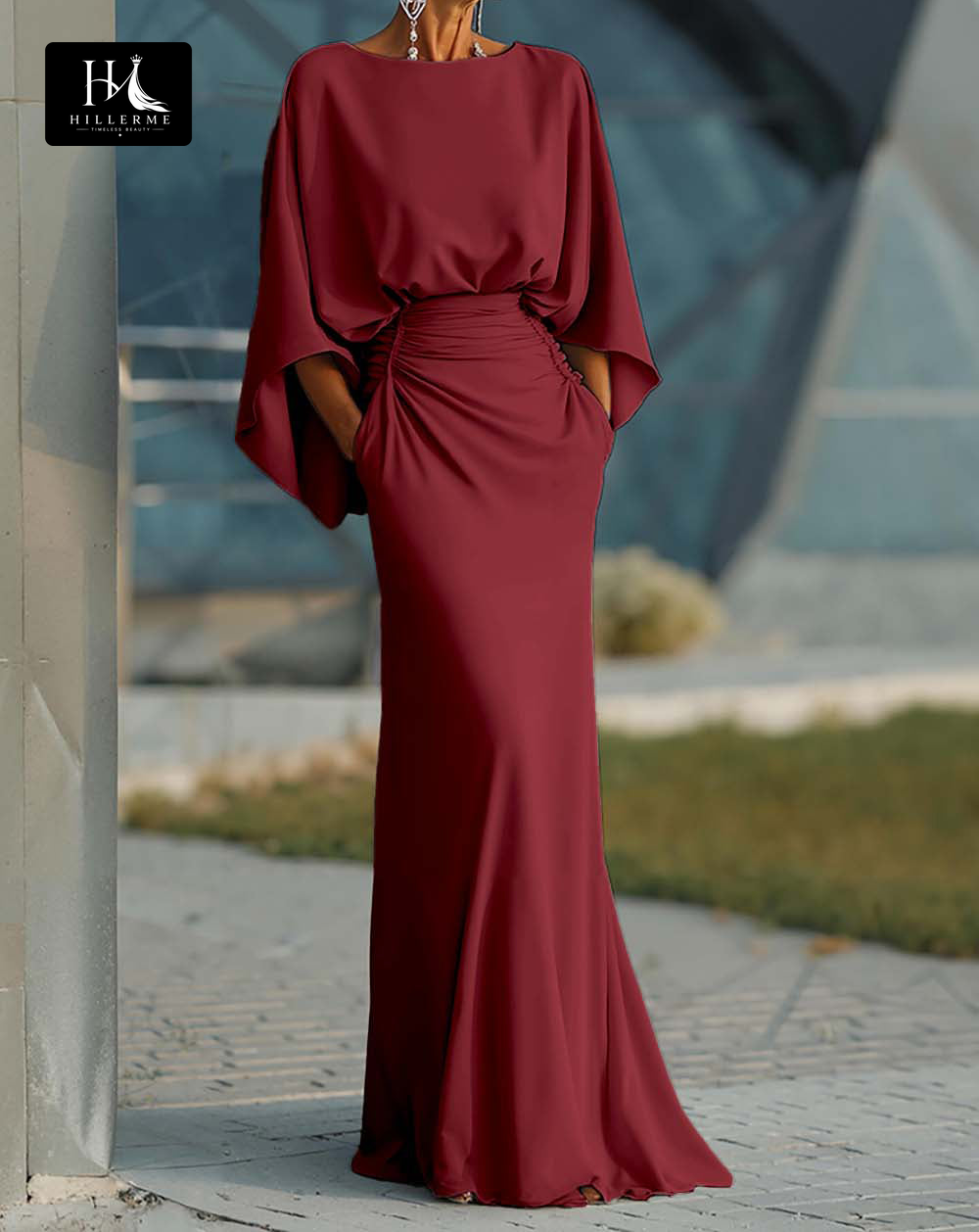 Satin Pleated Mermaid Mother of the Bride Dress with Scoop Neck and Half Sleeves