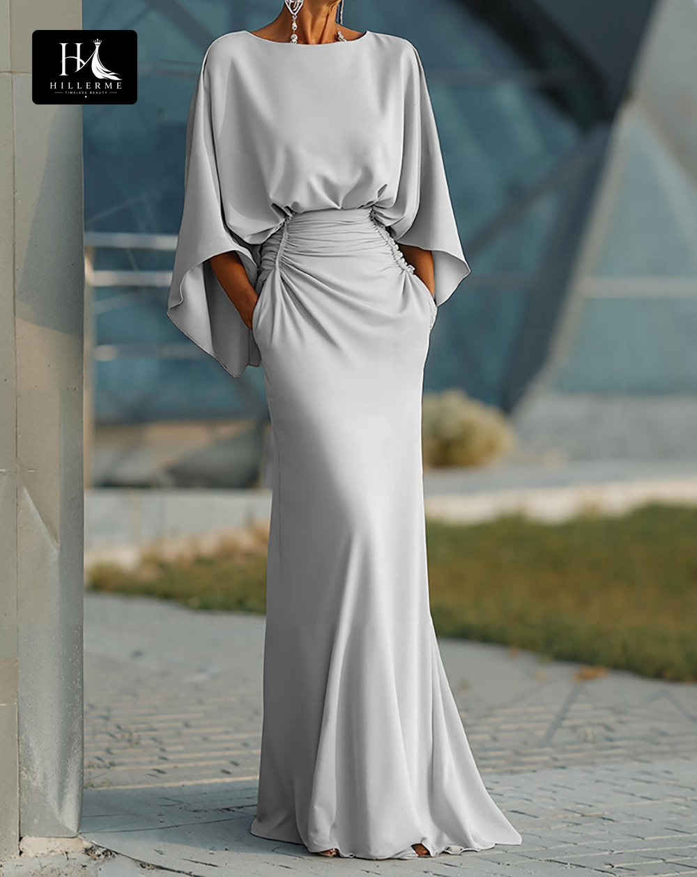 Satin Pleated Mermaid Mother of the Bride Dress with Scoop Neck and Half Sleeves