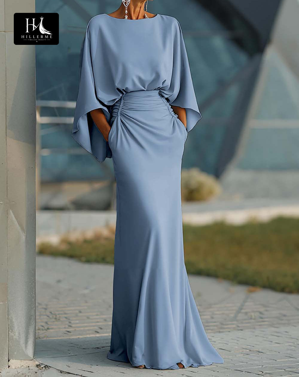 Satin Pleated Mermaid Mother of the Bride Dress with Scoop Neck and Half Sleeves