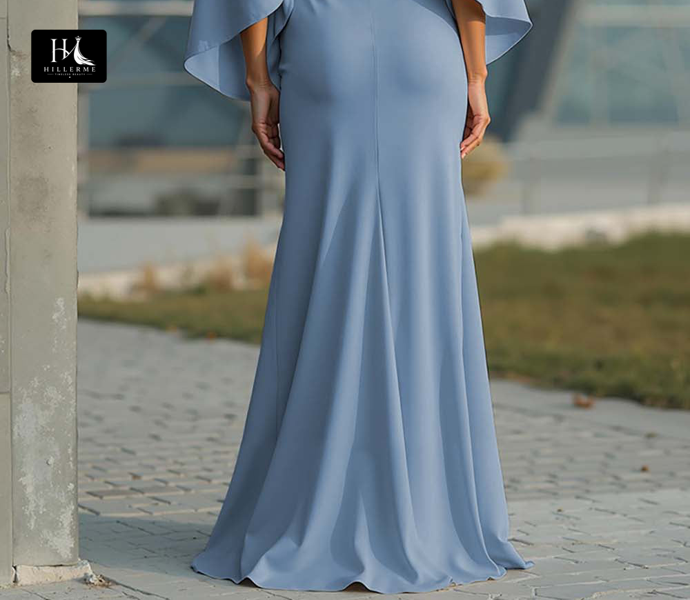 Satin Pleated Mermaid Mother of the Bride Dress with Scoop Neck and Half Sleeves