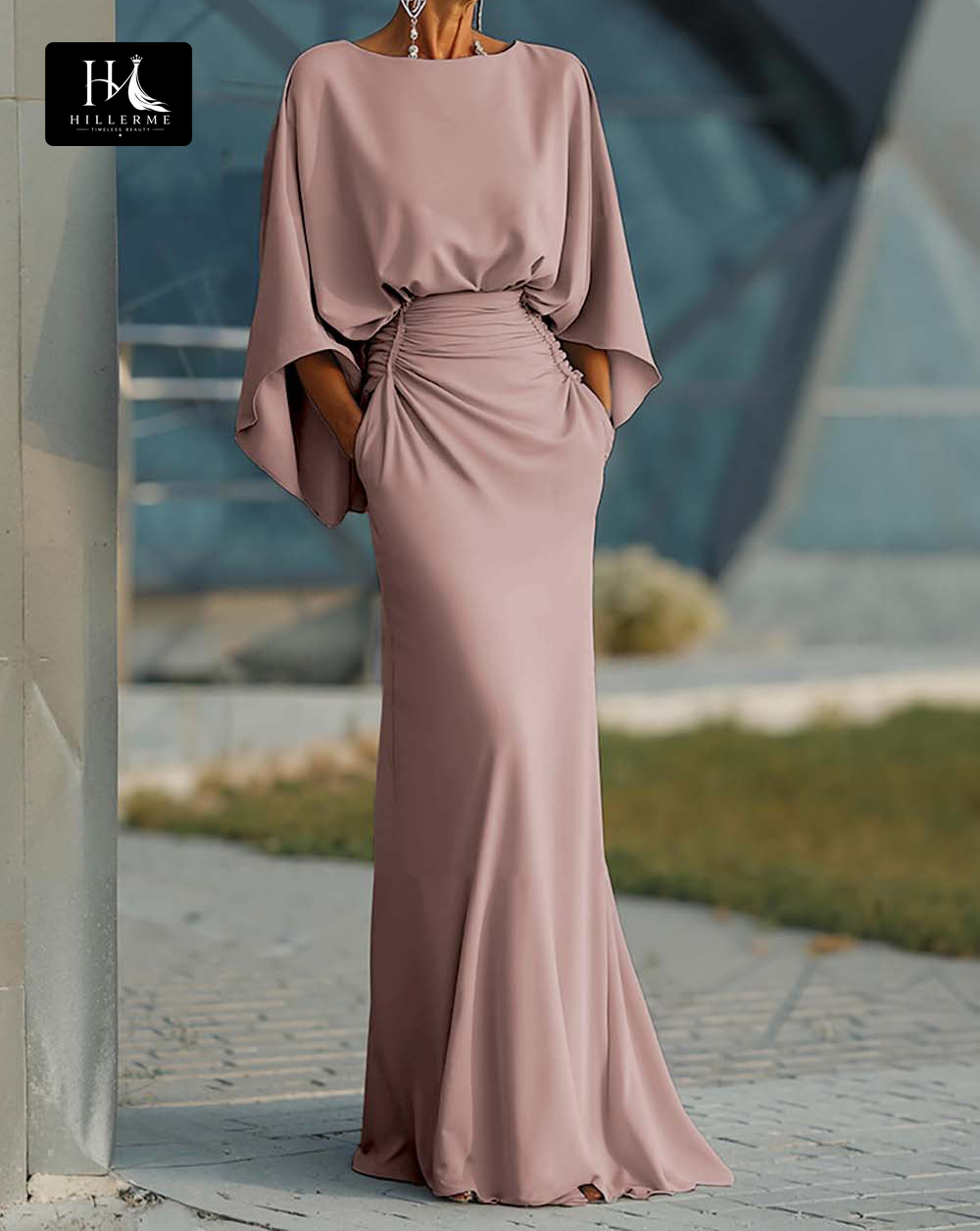 Satin Pleated Mermaid Mother of the Bride Dress with Scoop Neck and Half Sleeves