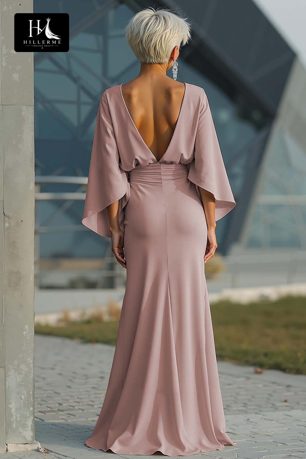 Satin Pleated Mermaid Mother of the Bride Dress with Scoop Neck and Half Sleeves