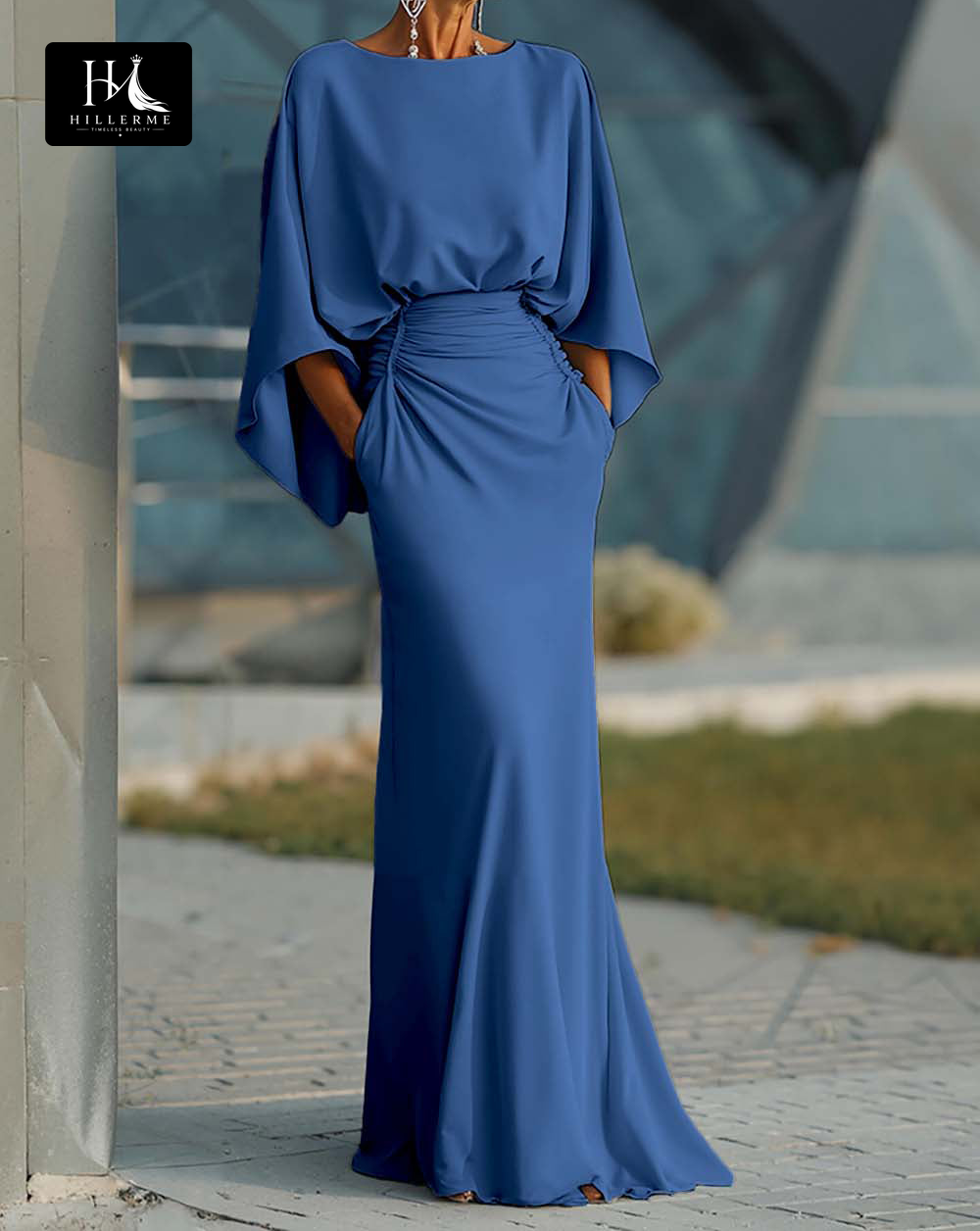 Satin Pleated Mermaid Mother of the Bride Dress with Scoop Neck and Half Sleeves